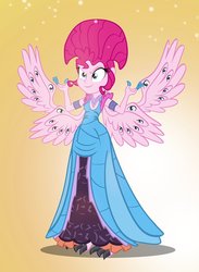 Size: 733x1000 | Tagged: safe, artist:pixelkitties, pinkie pie, equestria girls, g4, angel of death, clothes, costume, female, gradient background, guillermo del toro, halloween, hellboy, holiday, horror, parody, solo, the horror, wings