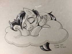 Size: 1280x960 | Tagged: safe, artist:sugaryviolet, oc, oc only, oc:aura, pegasus, pony, cloud, female, inktober, mare, sleeping, solo, traditional art, zzz