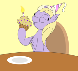Size: 2952x2688 | Tagged: safe, artist:dinkyuniverse, dinky hooves, birthday, chair, chest fluff, eating, female, filly, food, happy, happy birthday, hat, muffin, party, party hat, plate, table