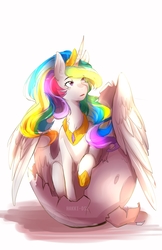 Size: 2587x3987 | Tagged: safe, artist:hakkids2, princess celestia, alicorn, pony, g4, egg, female, high res, mare, simple background, sitting, solo