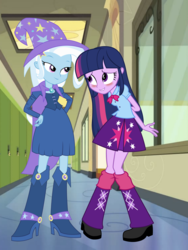 Size: 1792x2384 | Tagged: safe, artist:3d4d, artist:famousmari5, artist:favoriteartman, artist:sketchmcreations, artist:themexicanpunisher, trixie, twilight sparkle, equestria girls, g4, blushing, boots, canterlot high, cape, clothes, collaboration, female, hallway, hat, high heel boots, lesbian, ship:twixie, shipping, shoes, skirt, trixie's cape, trixie's hat, twilight sparkle (alicorn)
