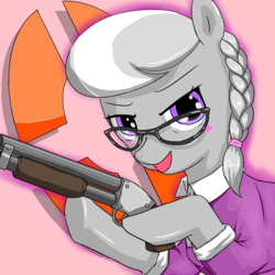 Size: 1600x1600 | Tagged: safe, artist:bauru, silver spoon, g4, clothes, gun, hoof hold, looking at you, miss pauling, shirt, shotgun, team fortress 2, weapon