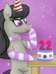 Size: 1500x2000 | Tagged: safe, artist:soctavia, oc, oc:soctavia, earth pony, pony, bipedal, birthday, birthday cake, bowtie, cake, clothes, female, food, frosting, happy, hat, licking, mare, party hat, socks, striped socks, tongue out