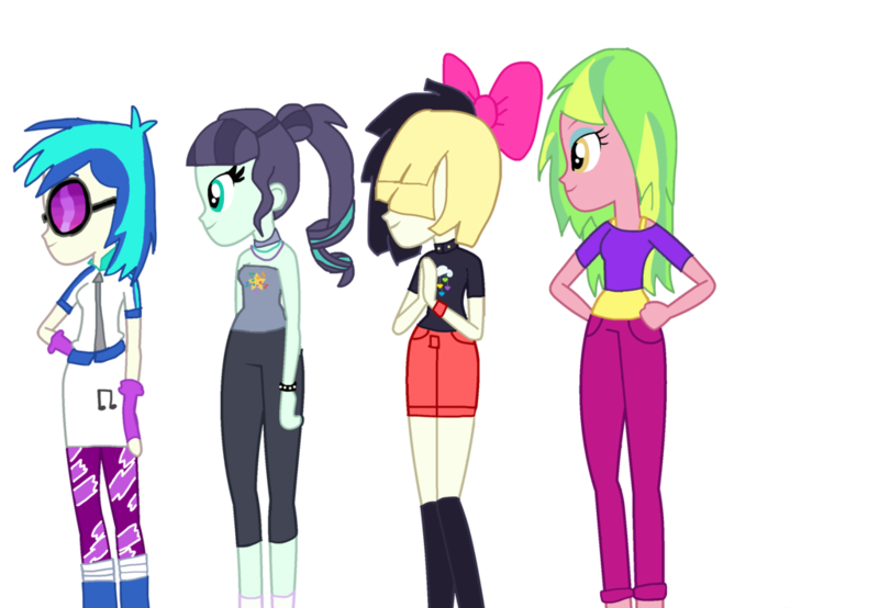 Safe Artist Gouhlsrule Coloratura Dj Pon 3 Lemon Zest Songbird Serenade Vinyl Scratch Equestria Girls My Little Pony The Movie Alternate Hairstyle Boots Clothes Equestria Girls Ified Female Hand On Hip Hands Together