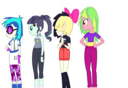 Size: 1024x709 | Tagged: safe, artist:gouhlsrule, coloratura, dj pon-3, lemon zest, songbird serenade, vinyl scratch, equestria girls, g4, my little pony: the movie, alternate hairstyle, boots, clothes, equestria girls-ified, female, group, hand on hip, hands together, humanized ponified human, quartet, shoes, shorts, simple background, socks, thigh highs, transparent background