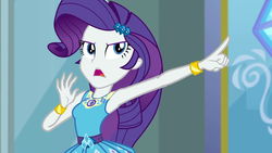 Size: 1920x1080 | Tagged: safe, screencap, rarity, equestria girls, g4, my little pony equestria girls: better together, super squad goals, armpits, clothes, dress, female, geode of shielding, hands in the air, pointing, rarity peplum dress, sleeveless, sleeveless dress, solo