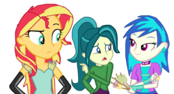 Size: 1024x556 | Tagged: safe, artist:gouhlsrule, dj pon-3, juniper montage, sunset shimmer, vinyl scratch, equestria girls, g4, alternate clothes, alternate hairstyle, base used, clothes, food, gloves, marshmallow, simple background, transparent background