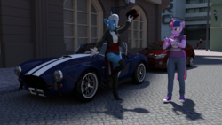 Size: 2200x1238 | Tagged: safe, artist:jawolfadultishart, scootaloo, trixie, twilight sparkle, anthro, plantigrade anthro, g4, 3d, boots, bowtie, car, clothes, daz studio, fishnet stockings, hat, high heel boots, jeans, leotard, magician outfit, pants, phone, shelby cobra, shirt, shoes, show off, sneakers, t-shirt, tailcoat, thigh boots, top hat, toyota prius, tuxedo, vest