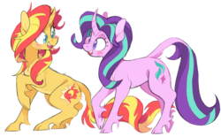 Size: 1386x859 | Tagged: safe, artist:xenon, starlight glimmer, sunset shimmer, classical unicorn, pony, unicorn, blushing, cloven hooves, curved horn, duo, female, horn, leonine tail, looking at each other, mare, open mouth, simple background, smiling, transparent background, unshorn fetlocks