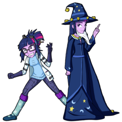 Size: 3304x3303 | Tagged: safe, artist:artemis-polara, sci-twi, twilight sparkle, eqg summertime shorts, equestria girls, g4, mad twience, clothes, costume, female, glasses, halloween, hat, high res, holiday, lab coat, mad scientist, scientist, simple background, smiling, star swirl the bearded costume, transparent background, twolight, wizard, wizard hat, wizard robe