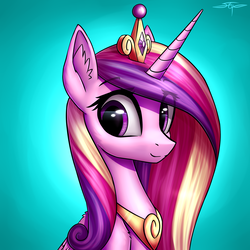 Size: 3000x3000 | Tagged: safe, artist:setharu, princess cadance, alicorn, pony, g4, bust, crown, cute, cutedance, ear fluff, female, folded wings, high res, jewelry, looking away, mare, portrait, regalia, signature, smiling, solo