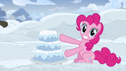 Size: 1280x720 | Tagged: safe, screencap, pinkie pie, earth pony, pony, g4, not asking for trouble, cake, female, food, mare, snow, snow cake, solo