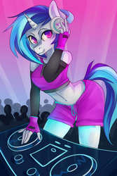 Size: 2100x3150 | Tagged: safe, artist:crystalfilth, dj pon-3, vinyl scratch, anthro, g4, clothes, fingerless gloves, gloves, headphones, high res, turntable