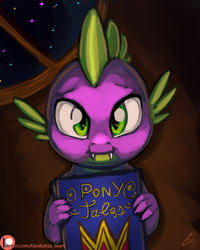 Size: 800x1000 | Tagged: safe, artist:kirillk, artist:lexx2dot0, spike, dragon, g4, bedtime story, book, collaboration, cute, fangs, hnnng, looking at you, male, night, patreon, patreon logo, smiling, solo, spikabetes, stars, window