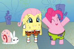 Size: 4500x3000 | Tagged: safe, angel bunny, fluttershy, pinkie pie, g4, crossover, gary the snail, male, out of character, patrick star, spongebob squarepants, spongebob squarepants (character), wat