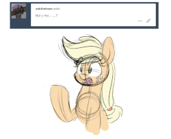 Size: 800x650 | Tagged: safe, artist:bellspurgebells, applejack, earth pony, pony, g4, animated, ask, female, floppy ears, gif, hatless, mare, missing accessory, raised hoof, shrug, simple background, sketch, solo, thinking, tumblr, white background