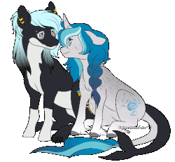 Size: 715x662 | Tagged: safe, artist:rhinestonearts, oc, oc only, oc:bubble lee, oc:imago, oc:mako, orca pony, original species, pony, unicorn, animated, body freckles, boop, couple, cute, female, freckles, gif, makolee, male, mare, noseboop, oc x oc, shipping, simple background, smiling, stallion, straight, transparent background