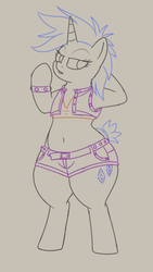 Size: 334x593 | Tagged: safe, artist:andelai, rarity, unicorn, semi-anthro, g4, it isn't the mane thing about you, alternate hairstyle, arm hooves, belly button, bracelet, clothes, female, jewelry, lidded eyes, punk, raripunk, shorts, sketch, solo, vest, wide hips