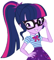 Size: 919x1027 | Tagged: safe, artist:thebar, edit, edited screencap, screencap, sci-twi, twilight sparkle, equestria girls, g4, my little pony equestria girls: better together, star crossed, background removed, bowtie, cute, female, geode of telekinesis, glasses, hand on hip, jewelry, not a vector, pendant, ponytail, simple background, smiling, solo, transparent background, twiabetes