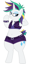 Size: 4688x9375 | Tagged: safe, artist:andelai, artist:besttubahorse, rarity, unicorn, semi-anthro, g4, it isn't the mane thing about you, absurd resolution, alternate hairstyle, arm hooves, belly button, belt, bipedal, bracelet, chubby, clothes, collaboration, female, jewelry, lidded eyes, midriff, punk, raripunk, shorts, simple background, solo, transparent background, unamused, vector, vector trace, vest, wide hips