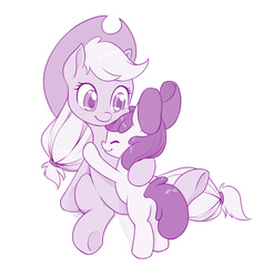 Size: 946x1000 | Tagged: safe, artist:dstears, apple bloom, applejack, earth pony, pony, adorabloom, bow, cowboy hat, cute, eyes closed, female, filly, freckles, hair bow, hat, hug, jackabetes, mare, monochrome, simple background, sisters, smiling, stetson, white background