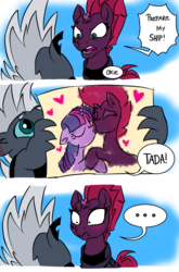 Size: 800x1214 | Tagged: safe, artist:emositecc, fizzlepop berrytwist, grubber, tempest shadow, twilight sparkle, alicorn, hedgehog, pony, unicorn, g4, my little pony: the movie, ..., blushing, broken horn, comedy, comic, cute, dialogue, drawing, eye scar, eyes closed, female, floppy ears, frown, glare, grubber the shipper, heart, holding hooves, horn, kiss on the lips, kissing, lesbian, mare, missing the point, misunderstanding, open mouth, pun, scar, ship:tempestlight, shipper on deck, shipping, speech bubble, stars, tempest shadow is not amused, unamused, visual pun, wide eyes