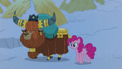 Size: 1280x720 | Tagged: safe, screencap, pinkie pie, prince rutherford, pony, yak, g4, not asking for trouble, cloven hooves, female, snow