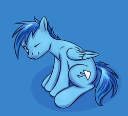 Size: 1280x1163 | Tagged: safe, artist:replacer808, oc, oc only, oc:happy dream, pegasus, pony, blue, blue background, blue eyes, cutie mark, folded wings, male, music notes, one eye closed, simple background, solo, stallion, wink