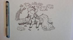 Size: 900x505 | Tagged: safe, artist:hirundoarvensis, oc, oc only, oc:willow, duck, original species, pond pony, eyes closed, female, mare, monochrome, raised hoof, solo, traditional art, tree