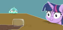 Size: 6466x3104 | Tagged: safe, artist:ljdamz1119, lyra heartstrings, twilight sparkle, pony, unicorn, g4, chocolate, chocolate milk, everything is ruined, exploitable meme, face of evil, female, food, glass, meme, milk, peeking, pure unfiltered evil, spilled chocolate milk, spilled milk, table, what have you done?!