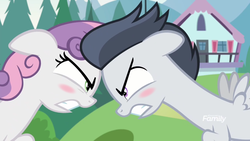 Size: 1920x1080 | Tagged: safe, edit, edited screencap, screencap, rumble, sweetie belle, pegasus, pony, g4, marks and recreation, angry, argument, blushing, camp friendship, colt, discovery family logo, female, gritted teeth, male, ship:rumbelle, shipping, straight, tsundere, tsundere belle, tsunderumble