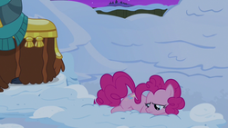 Size: 1280x720 | Tagged: safe, screencap, pinkie pie, prince rutherford, pony, yak, g4, not asking for trouble, prone, sad, snow