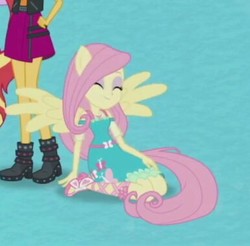 Size: 386x380 | Tagged: safe, screencap, fluttershy, sunset shimmer, equestria girls, g4, my little pony equestria girls: better together, boots, clothes, cropped, cute, female, high heel boots, ponied up, pony ears, sandals, shoes, shyabetes, skirt, smiling, wings