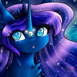 Size: 900x900 | Tagged: safe, artist:niniibear, princess luna, alicorn, pony, g4, blue, bust, cute, female, fluffy, lunabetes, moon, portrait, purple, solo, sparkles, starry eyes, wingding eyes