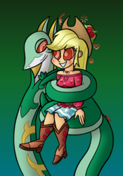 Size: 740x1060 | Tagged: safe, artist:snakeythingy, applejack, serperior, snake, equestria girls, g4, my little pony equestria girls: legend of everfree, blushing, camp fashion show outfit, coils, crossover, gradient background, kaa eyes, looking at each other, mind control, pokémon, story included