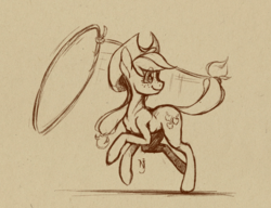 Size: 952x730 | Tagged: safe, artist:skrapbox, applejack, earth pony, pony, g4, cowboy hat, digital art, female, hat, mare, monochrome, rope, solo