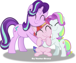 Size: 4208x3487 | Tagged: safe, artist:vector-brony, coconut cream, starlight glimmer, toola roola, earth pony, pony, unicorn, fame and misfortune, g4, coconut cute, cute, eyes closed, female, filly, glimmerbetes, high res, hug, mare, roolabetes, simple background, smiling, transparent background, vector