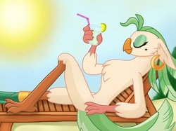 Size: 2732x2048 | Tagged: safe, artist:justsomepainter11, captain celaeno, bird, parrot, anthro, g4, my little pony: the movie, amputee, beach, beach chair, beautiful, casual nudity, chair, drink, ear piercing, earring, eyes closed, female, floppy ears, high res, jewelry, missing accessory, nude beach, nudity, peg leg, piercing, prosthetic leg, prosthetic limb, prosthetics, public nudity, relaxing, sexy, show accurate, skinny dipping, solo, stupid sexy celaeno, sun, sunbathing, we don't normally wear clothes