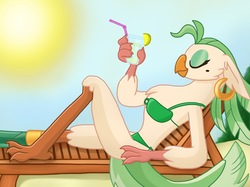 Size: 2732x2048 | Tagged: safe, artist:justsomepainter11, captain celaeno, bird, anthro, g4, my little pony: the movie, amputee, beach, beach chair, beautiful, bikini, chair, clothes, drink, ear piercing, eyes closed, female, floppy ears, high res, movie accurate, peg leg, piercing, prosthetic leg, prosthetic limb, prosthetics, relaxing, sexy, show accurate, solo, stupid sexy celaeno, sun, sunbathing, swimsuit