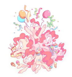 Size: 3200x3400 | Tagged: safe, artist:docwario, pinkie pie, earth pony, pony, g4, balloon, cake, cupcake, eating, eyes closed, female, food, high res, mare, multeity, smiling, too much pink energy is dangerous