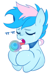 Size: 931x1303 | Tagged: safe, artist:maren, oc, oc only, oc:blue chewings, pony, candy, crying, food, licking, lollipop, male, simple background, solo, stallion, tongue out