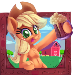 Size: 2000x2052 | Tagged: safe, artist:discorded, applejack, earth pony, pony, g4, applejack appreciation day, armpits, barn, belly button, cider, cowboy hat, female, hat, high res, looking at you, mare, smiling, solo, stetson, sweet apple acres, tree