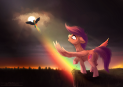 Size: 1432x1013 | Tagged: safe, artist:vincher, rainbow dash, scootaloo, pegasus, pony, g4, cliff, duo, floppy ears, flying, rainbow trail, raised hoof, scootaloo can't fly, spread wings, sun, wings