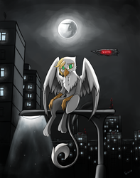 Size: 3000x3800 | Tagged: safe, artist:sinniepony, oc, oc only, griffon, airship, city, cityscape, green eyes, high res, lonely, mare in the moon, moon, night, russian, solo, stalliongrad, wings, zeppelin