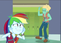 Size: 393x277 | Tagged: safe, edit, edited screencap, screencap, rainbow dash, zephyr breeze, equestria girls, equestria girls specials, g4, my little pony equestria girls: better together, my little pony equestria girls: movie magic, overpowered (equestria girls), animated, ankles, bracelet, canterlot high, clothes, female, gif, jewelry, male, moccasins, no socks, out of character, pants, school, ship:zephdash, shipping, shoes, straight