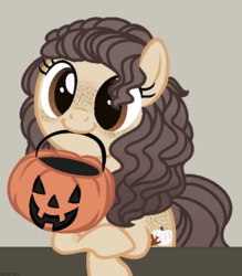 Size: 630x720 | Tagged: safe, artist:pgthehomicidalmaniac, oc, oc only, oc:lumina, earth pony, pony, base used, cute, earth pony oc, female, hair over one eye, halloween, holiday, jack-o-lantern, looking at you, mare, mouth hold, ocbetes, pumpkin, pumpkin bucket, simple background, solo, to saddlebags and back again