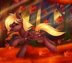 Size: 2300x2000 | Tagged: safe, artist:kruszynka25, oc, oc only, oc:picture perfect, bat pony, bird, pony, autumn, female, forest, happy, high res, leaves, mare, running, smiling, solo, sunshine, tree, ych result