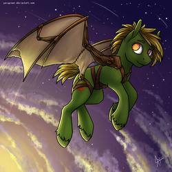 Size: 2000x2000 | Tagged: safe, artist:yarugreat, oc, oc only, oc:flare, earth pony, pony, artificial wings, augmented, cloud, female, flying, high res, mare, mechanical wing, solo, stars, unshorn fetlocks, wings, ych result