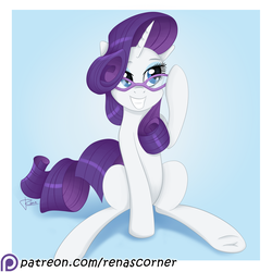 Size: 2000x2000 | Tagged: safe, artist:puggie, rarity, pony, unicorn, g4, female, glasses, grin, high res, patreon, patreon logo, patreon reward, simple background, smiling, solo