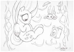 Size: 1073x759 | Tagged: safe, artist:sherwoodwhisper, angel bunny, fluttershy, pegasus, pony, g4, clock, duo, falling, folded wings, freefall, hooves to the chest, ink, inktober, inktober 2017, lineart, looking down, monochrome, playing card, rabbit hole, traditional art